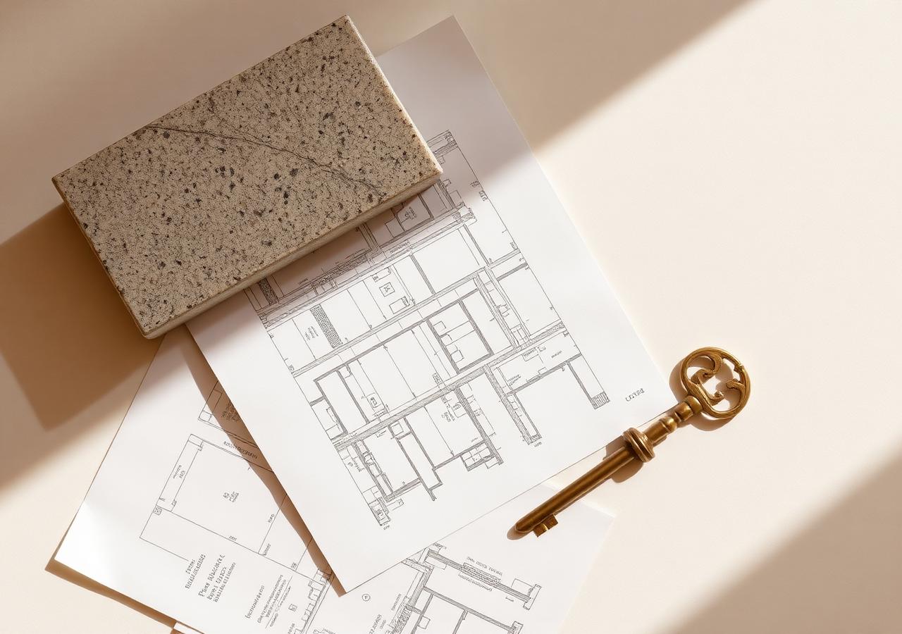 Architektonické výkresy, vzorek kamene a klíč na světlém podkladu