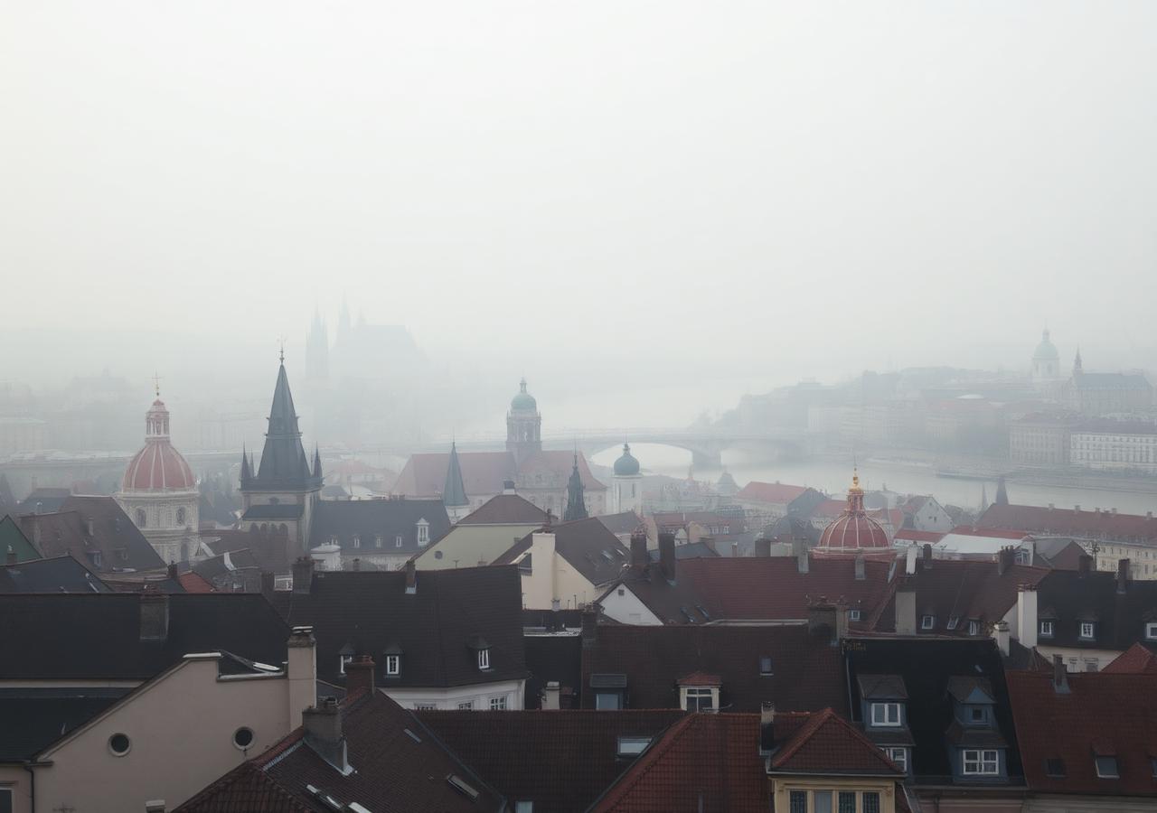 Letecký pohled na pražské střechy a Vltavu v ranním opar